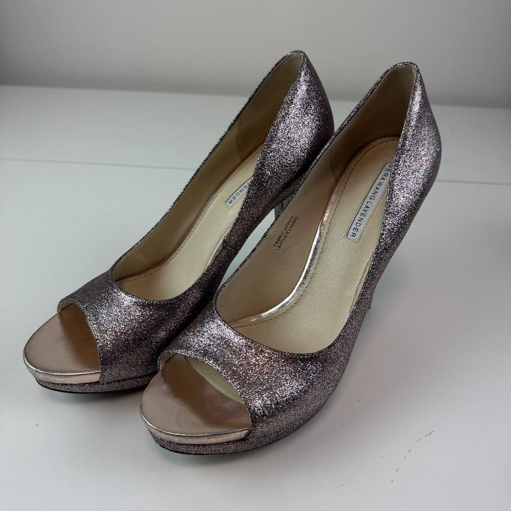Vera Wang Lavender Glitter Pumps 10 Open Toe High Heels pink gold stilettos